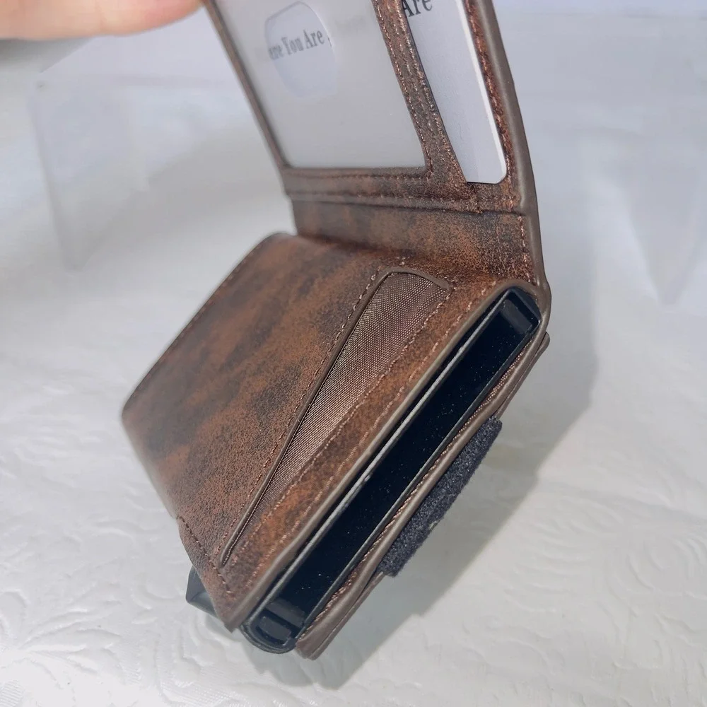 Mens Pop Up AirTag Wallet OS Brown Distressed RFID Trifold Slim